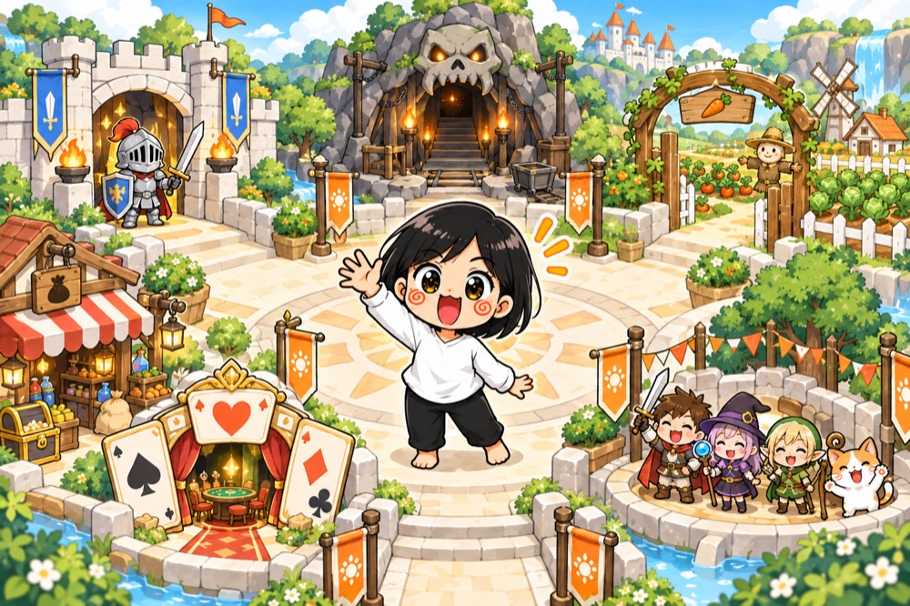こんともが、ゲームの広場で手を振っている絵